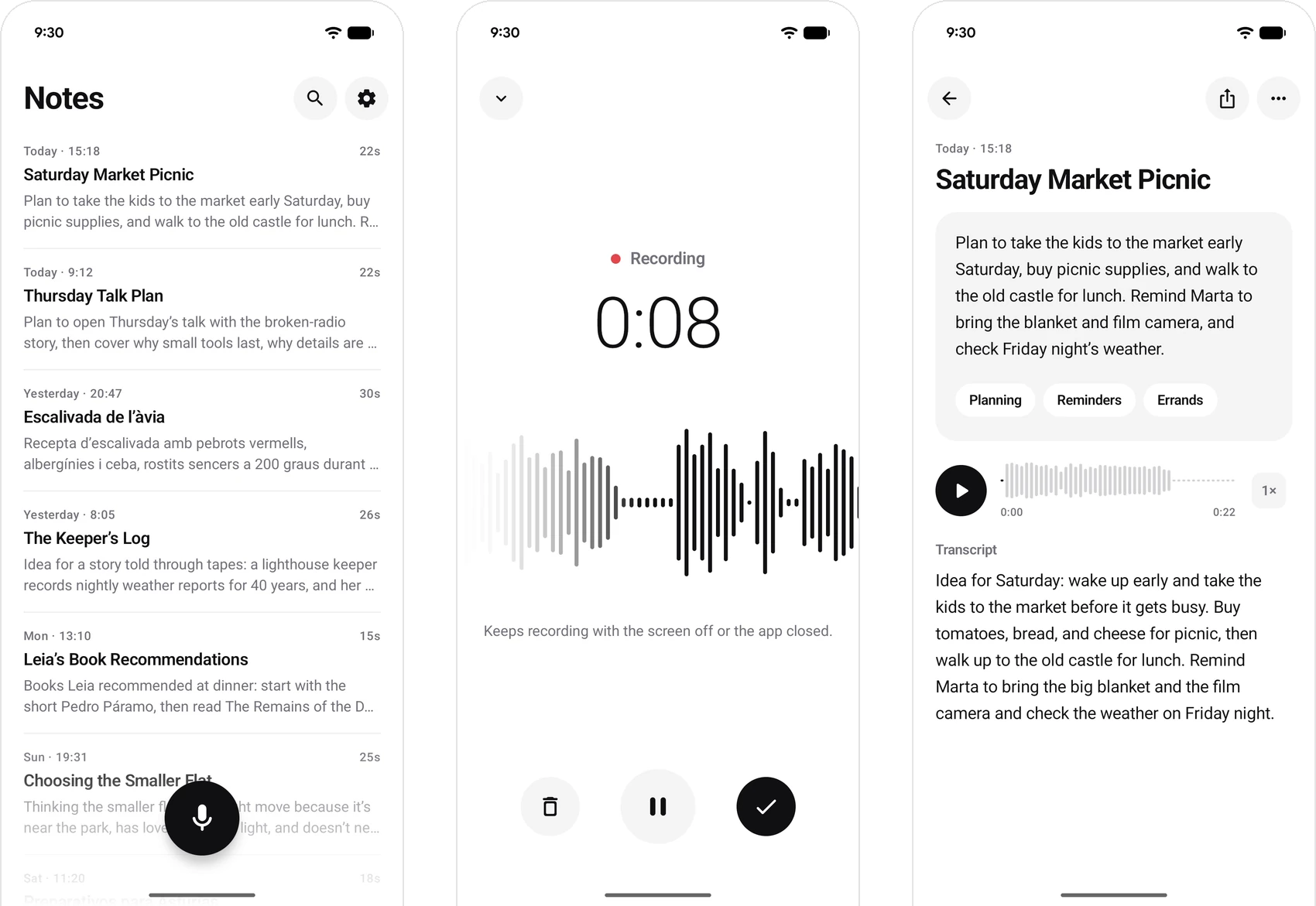 Three Quadern screens: the list of notes in English, Catalan and Spanish; the recording screen with a live waveform; and a finished note with its title, summary and tags