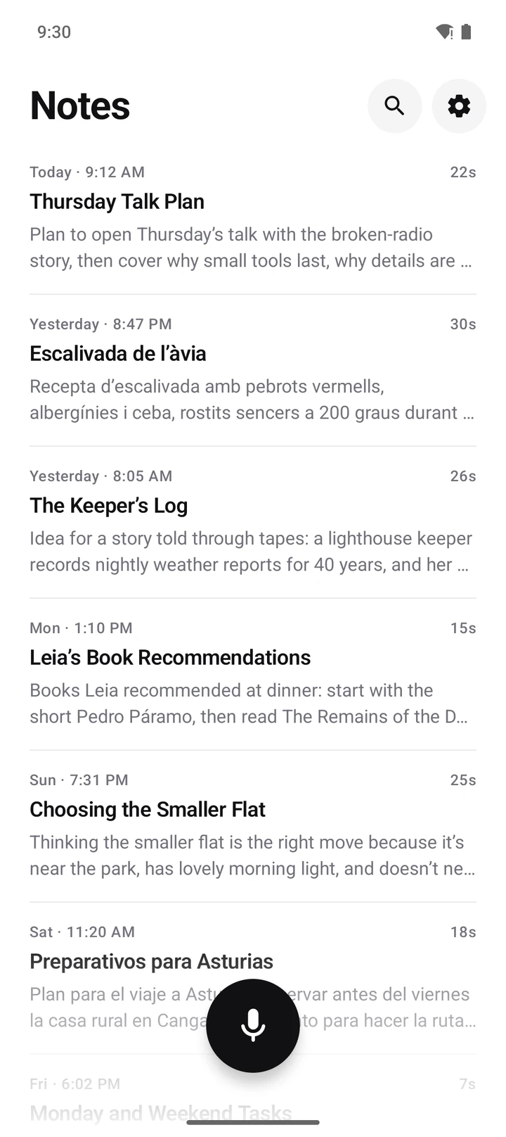 The notes list, with notes in English, Catalan and Spanish