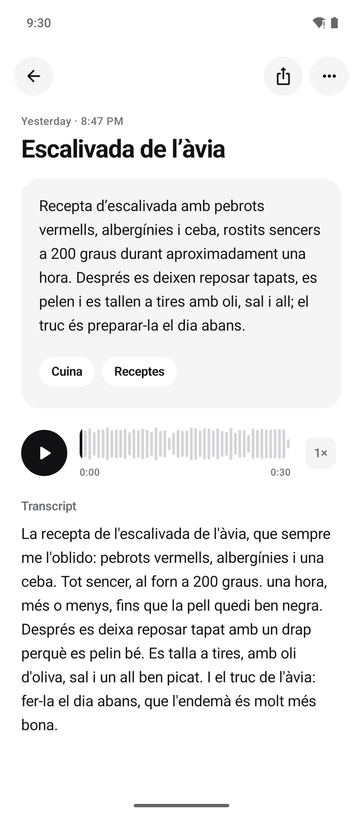 A note in Catalan: the escalivada recipe, with its summary and the tags Cuina and Receptes